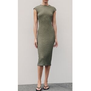 Zara Olive Green Textured Midi Dress